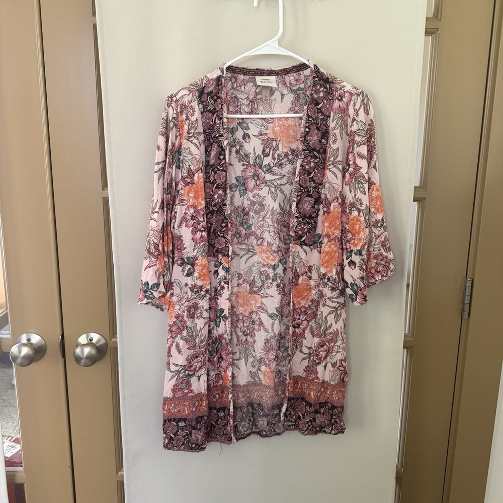 Knox Rose Womens XS Floral Lightweight Boho Open Front Cardigan Short Sleeve